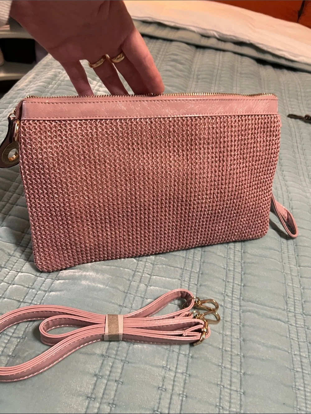 Woven Pink Crossbody Clutch Bag - Women's Shoulder Strap